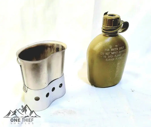 1 Qt Canteen, Cup, & Canteen Cup stove/stand package. onethiefsurplus
