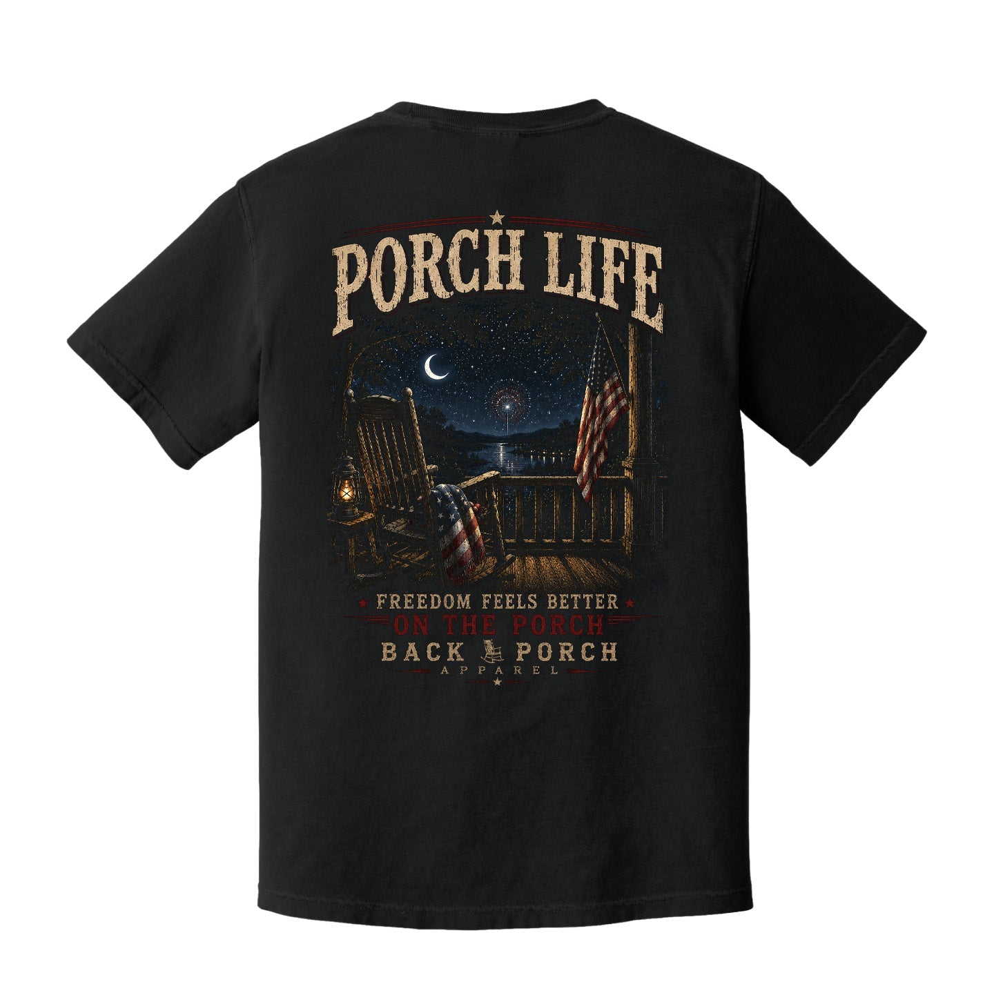 Freedom Feels Better on the Porch Life Comfort Colors Black Patriotic T-Shirt