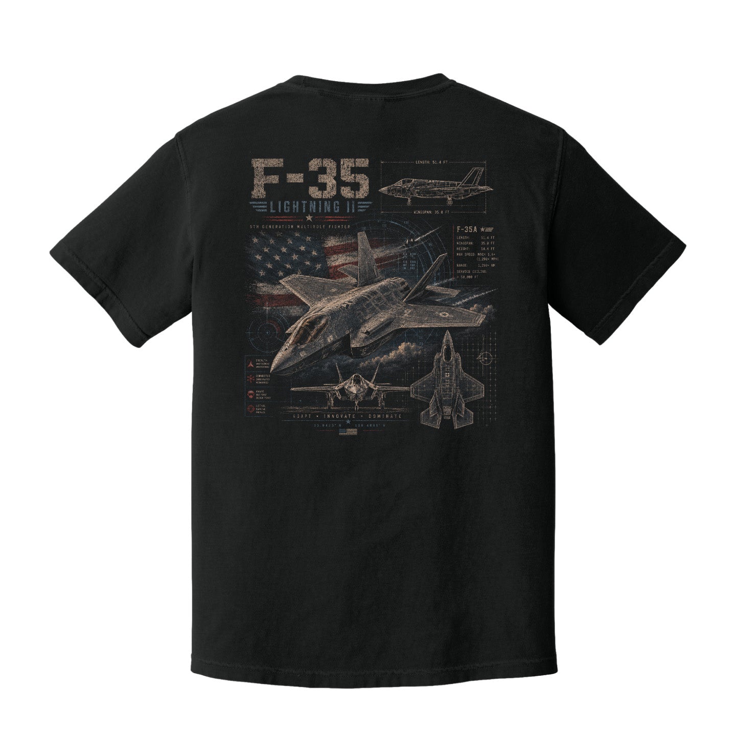 F-35 Lightning II Comfort Colors Black Patriotic Fighter Jet T-Shirt