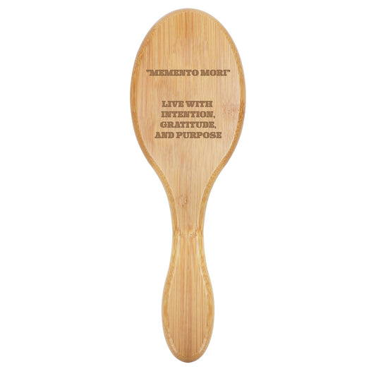 Engraved Bamboo Comb Natural Wooden Paddle Brush - "Memento Mori"