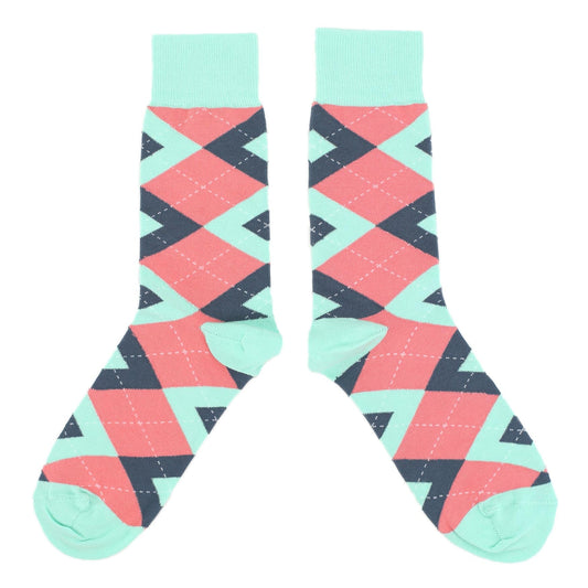 Coral Mint Argyle Wedding Groomsmen Men's Dress Socks with Matching Bow Tie