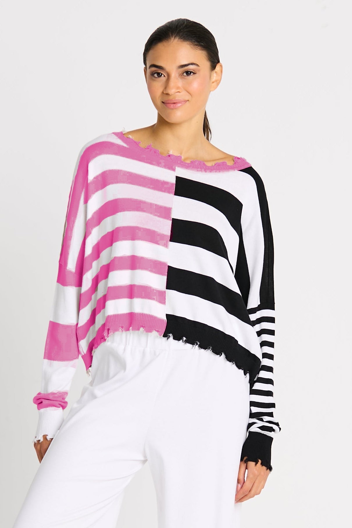Pima Cotton Mini Mixed Up Tattered Crewneck Sweater - Black/Peony/White