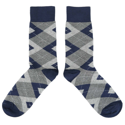 Navy Gray Argyle Wedding Groomsmen Men's Dress Socks with Navy Bow Tie