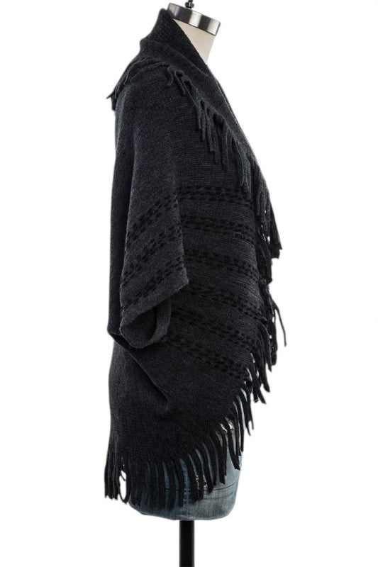 Fringe Lapel Collar Open Knit Cardigan