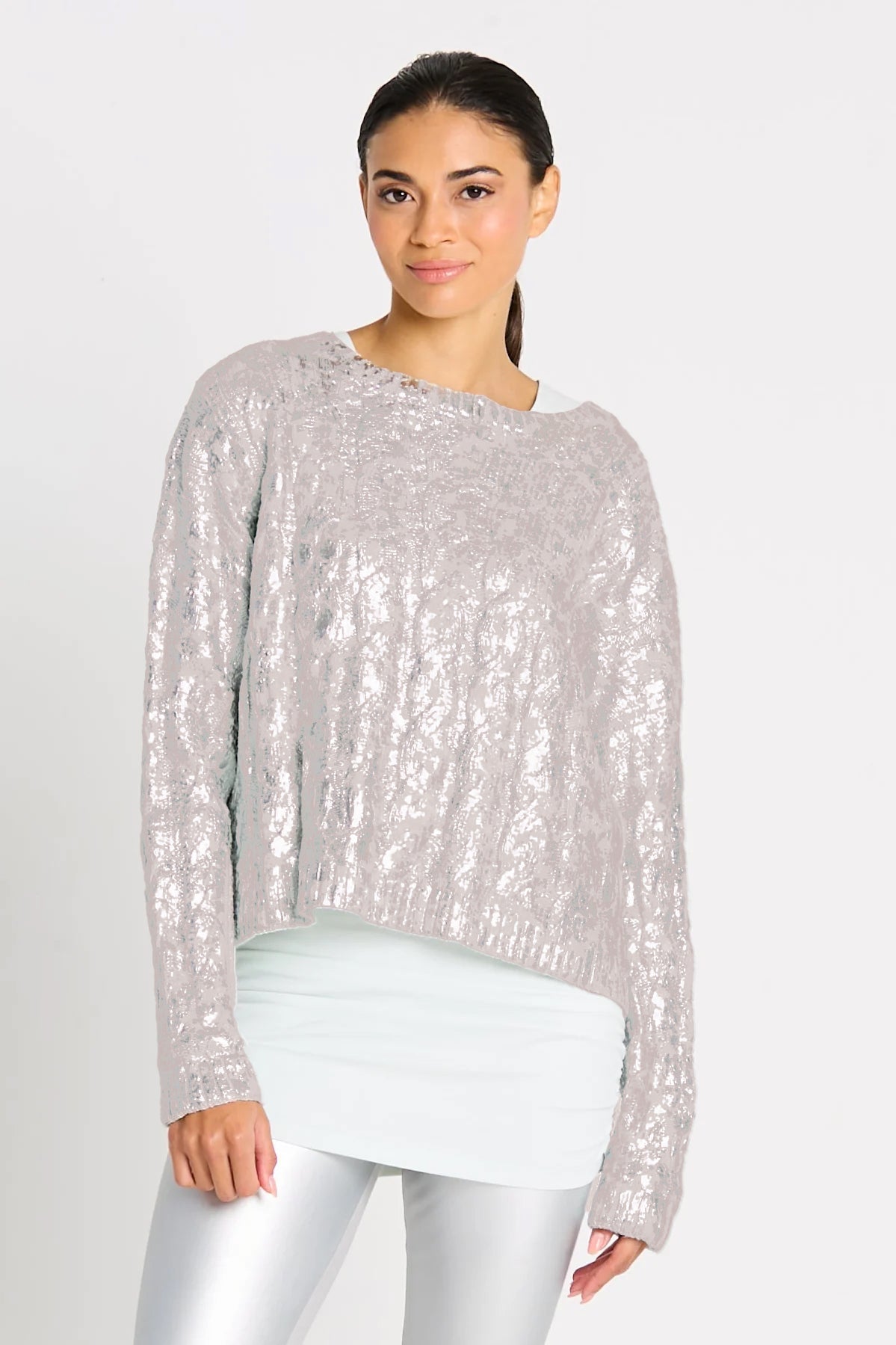 Pima Cotton Mini Foil Cable Crewneck Sweater - Putty/Silver
