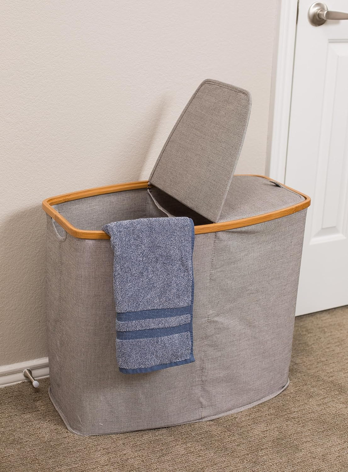 Eco-Friendly Bamboo & Canvas Laundry Hamper – Foldable, Slim Storage Basket with Lid for Bedroom, Bathroom & Dorm