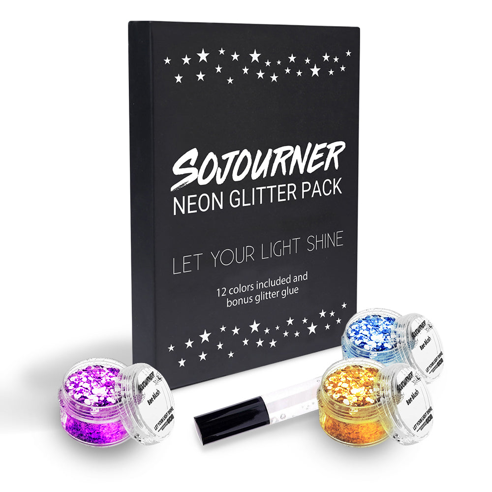 12 pack Neon Glitter + 1 glitter glue Chunky Cosmetic Holographic Glitter | Body, Face & Hair Safe