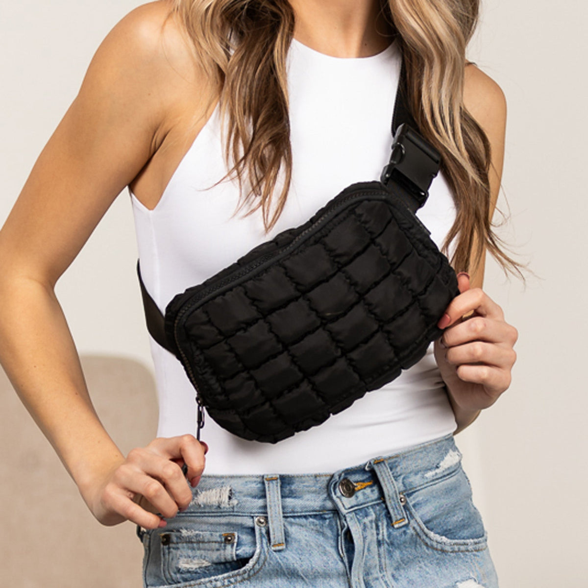 Evyn Quilted Puffer Sling Crossbody Belt Bum Fanny Waist Bag