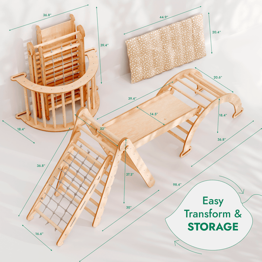 5in1 Montessori Climbing Set: Triangle Ladder + Arch/Rocker + Slide Board/Ramp + Netting rope + Cushion