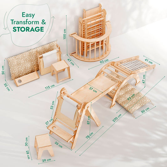 6in1 Montessori Climbing Set: Triangle Ladder + Arch/Rocker + Slide/Ramp + Net + Cushion + Art Addition