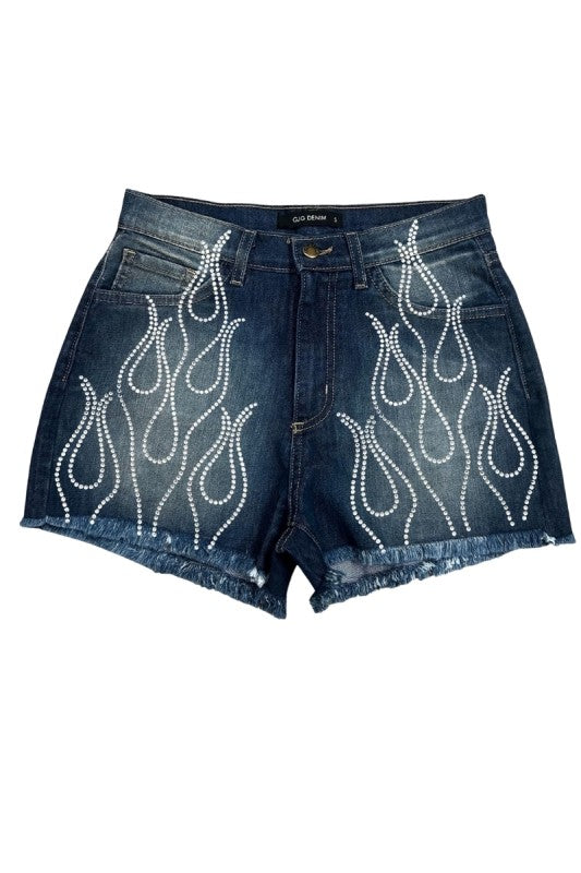 GJG Denim Flame Rhinestone Denim Short