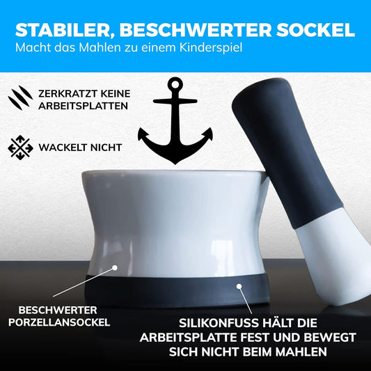 EZ-Grip Silicone & Porcelain Mortar and Pestle With Non-Slip Detachable Silicone Base - NEW DESIGN - Dishwasher Safe by Cooler Kitchen