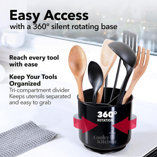 Cooler Kitchen Extra Large and Sturdy Rotating Utensil Holder Caddy with No-Tip Weighted Base, Removable Divider, and Gripped Insert | Rust Proof and Dishwasher Safe