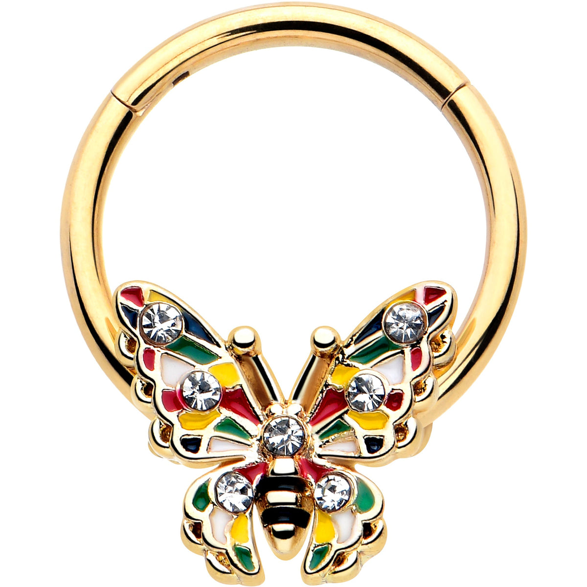 16G 3/8 Clear Gem Gold Tone Color Block Butterfly Hinged Segment Ring
