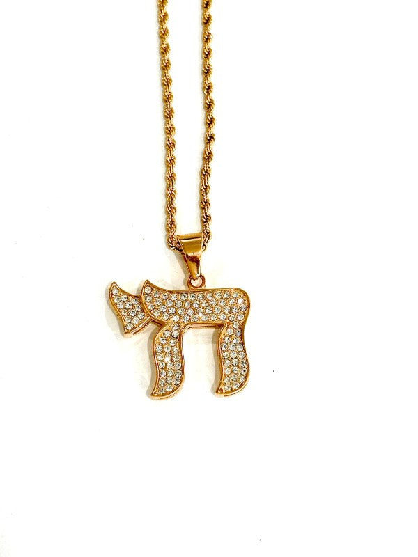Crystal Chai Pendant Necklace Gold or Silver