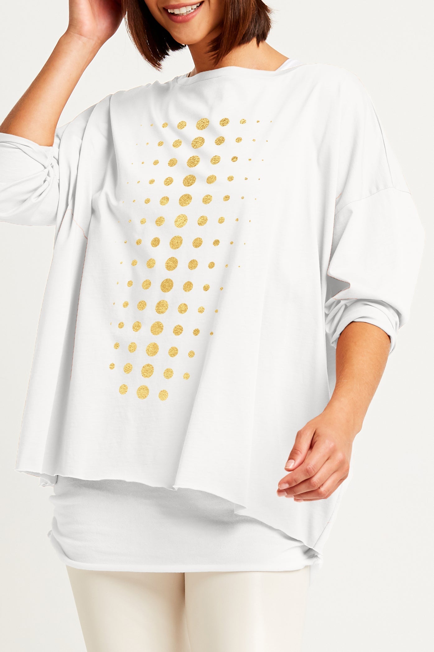 Pima Cotton Metallic Dot Dot Dot Luxury Boxy T-Shirt - Stone/GoldF