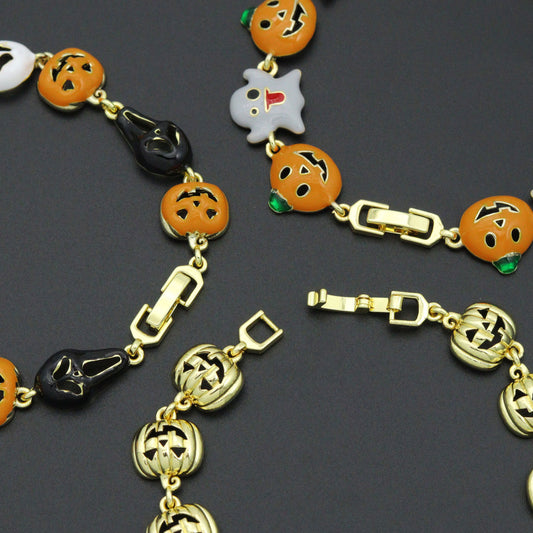 Gold Silver Halloween Ghost Pumpkin Charm Chain Bracelet, Sku#A520