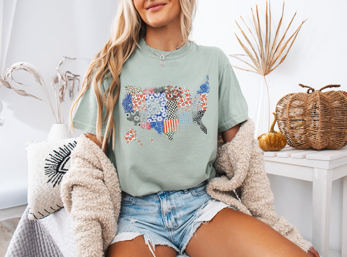 America map USA map Flag flower Garment Dyed T Shirt