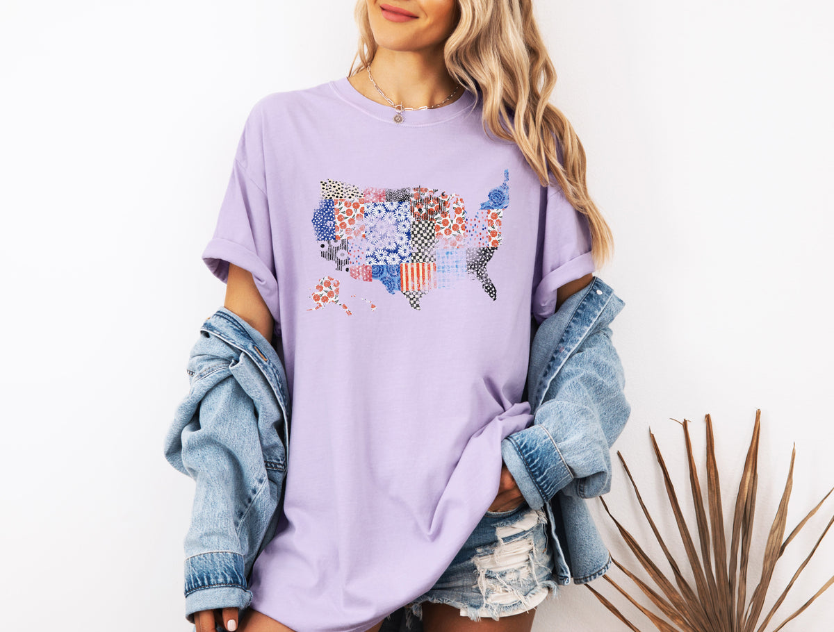 America map USA map Flag flower Garment Dyed T Shirt
