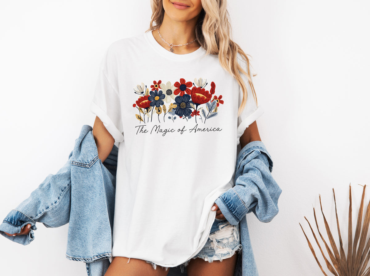 America the Magic of America USA Flag flower Garment Dyed T Shirt