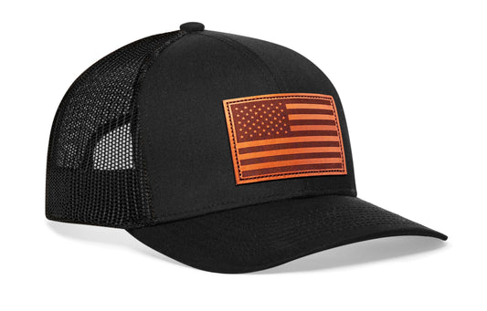 American Flag Trucker Hat Leather | Black USA Snapback