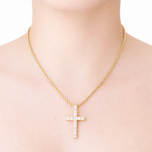 Angela Gold Rope Cross Necklace- 22"
