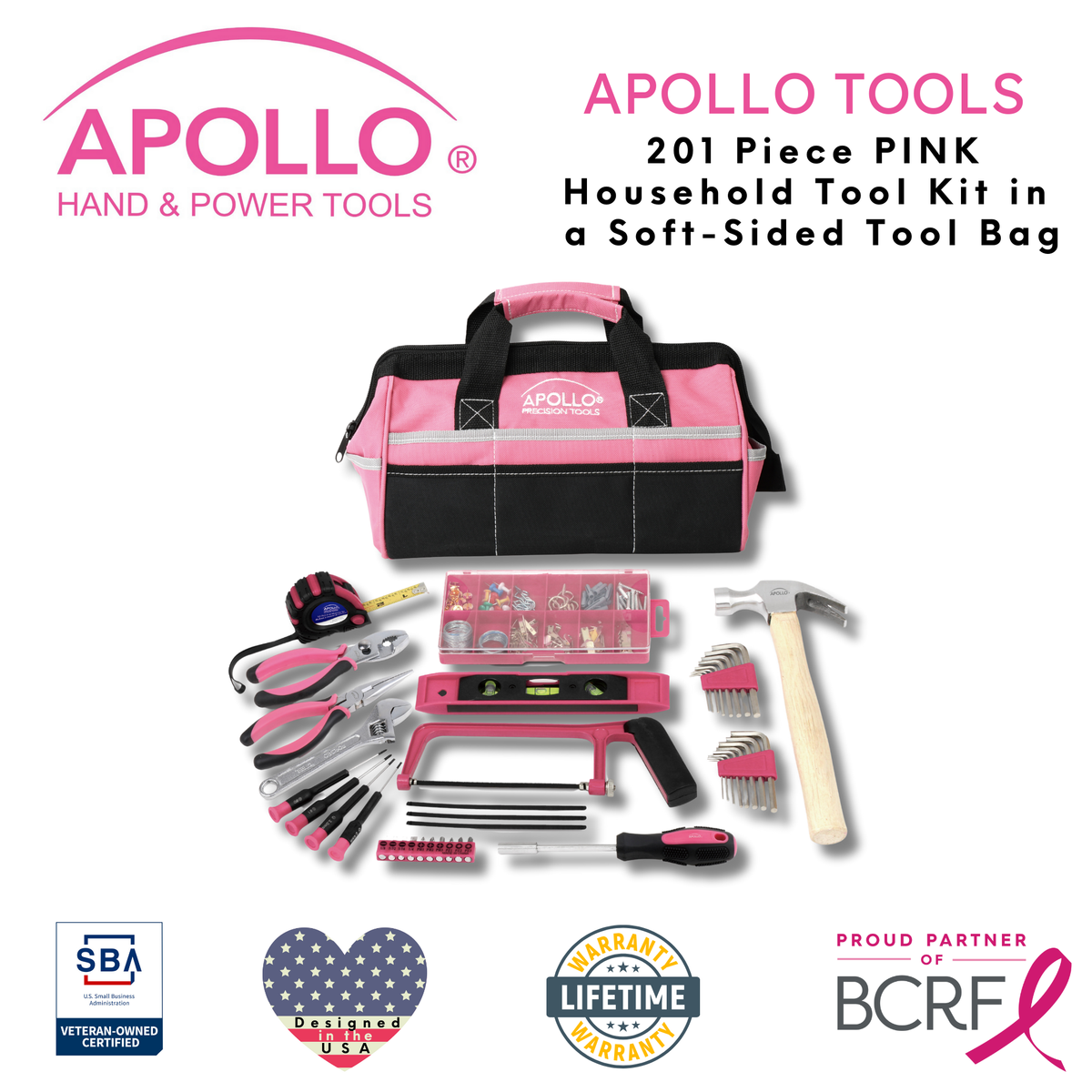 201 Piece Household Tool Kit in a Soft-Sided Tool Bag Pink - DT0020P