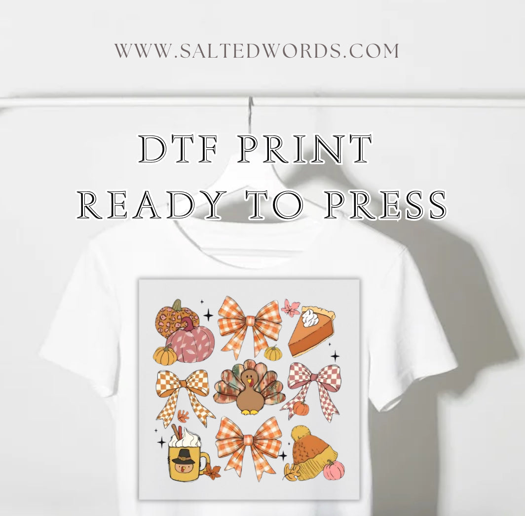 Fall Turkey, pumpkin pie and checkered croquette bows DTF print transfer Ready to Press