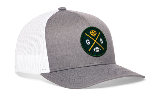Green Bay Trucker Hat | Gray-White GB X Football Snapback