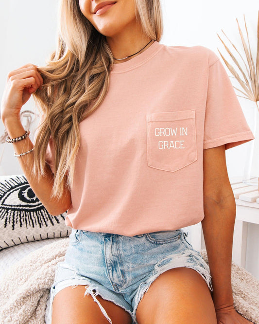 Grow In Grace Comfort Colors Pocket T-Shirt – Christian Pro-Life Faith Graphic Tee