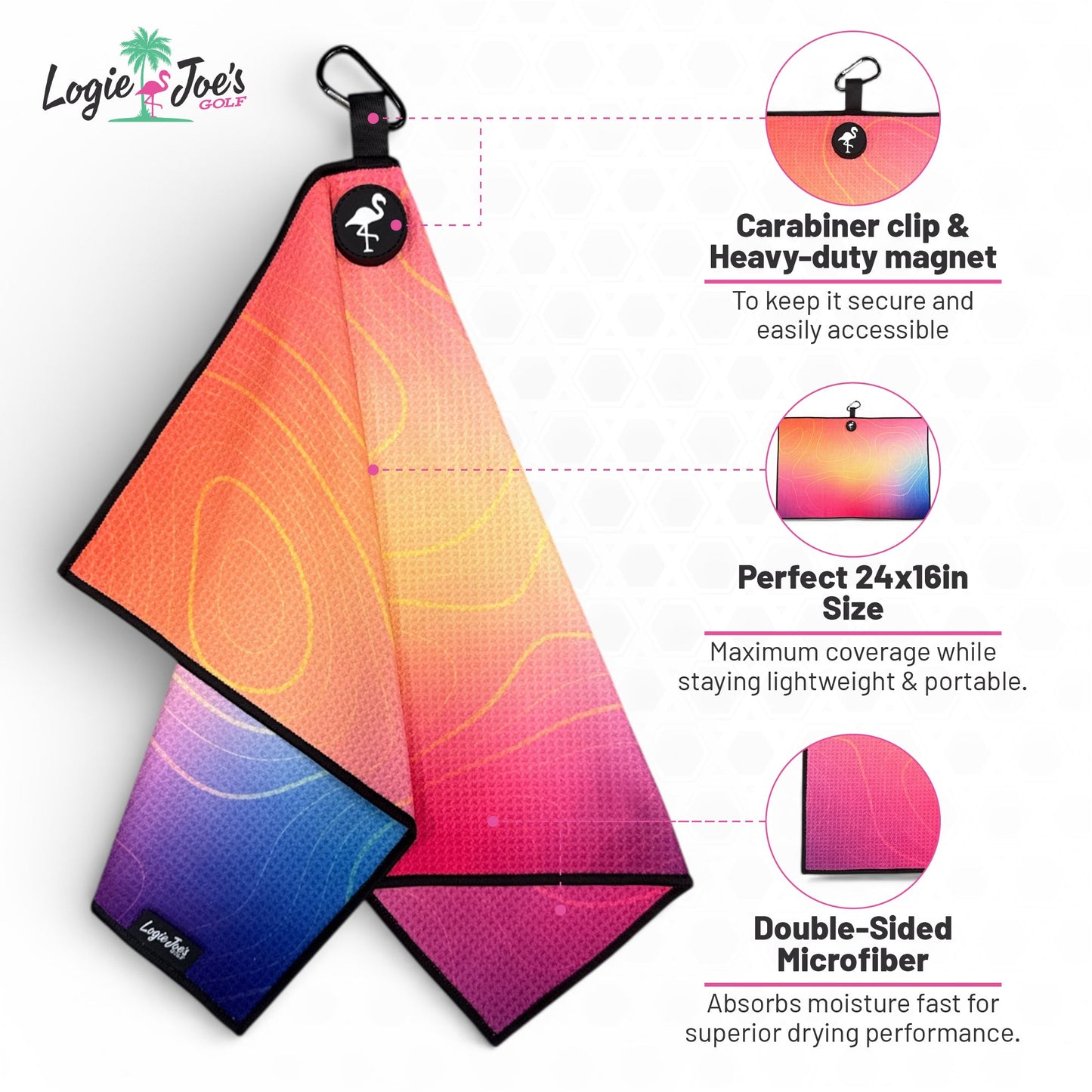 Pink Tropical Golf Towel | Premium Double-Sided Microfiber | Heavy-Duty Magnetic Towel with Carabiner Clip | 24 x 16 in