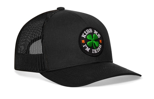 Kiss Me I'm Irish Trucker Hat | Black Shamrock Snapback