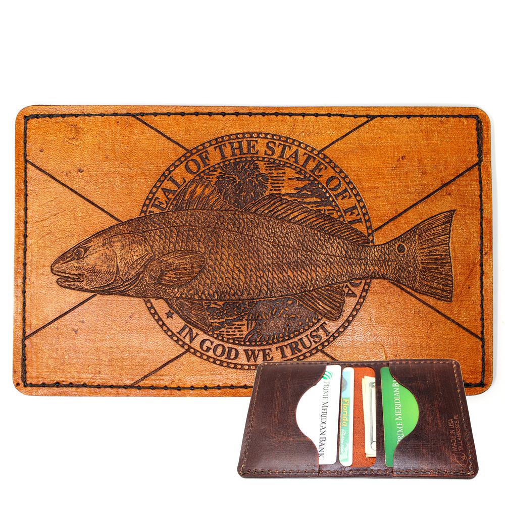 Handcrafted Leather Original Mens Wallet - FL Flag Redfish