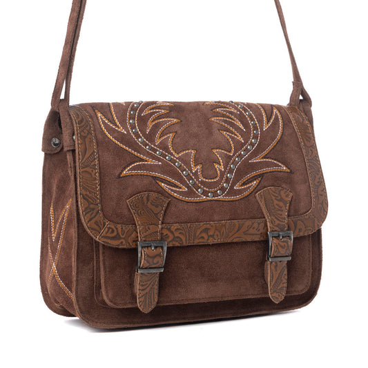 Myra Amberwood Suede Leather Boot Embroidered Leather Bag in Chestnut Brown