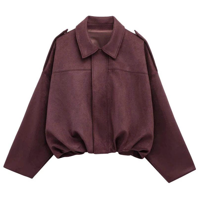 Women’s Suede Bomber Jacket - Cropped High Street Racing Style with Zipper