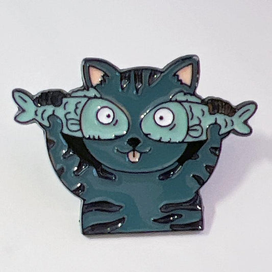 Cat with Fish Enamel Pin – Silly Cat Expression for Fun Outfits