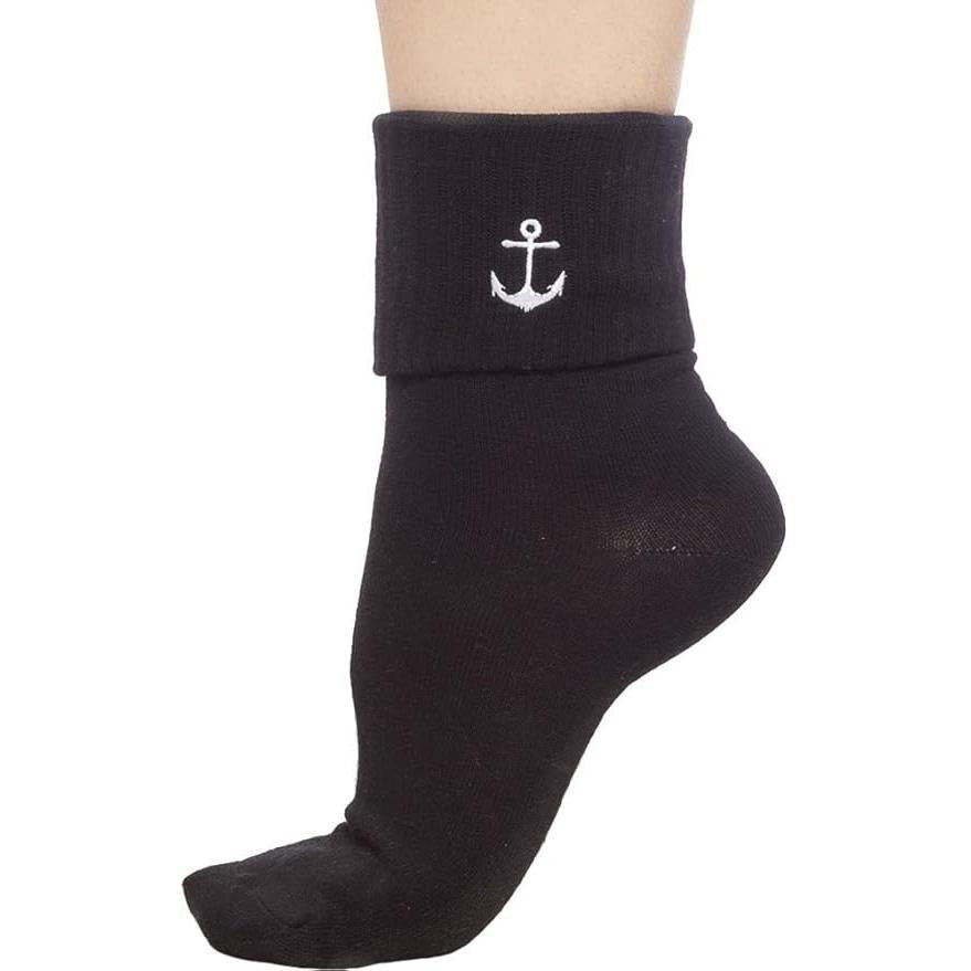 Sourpuss Anchor Socks Set of Two | Nautical Red Striped & Black Ankle Socks Womenโs Size 5-10
