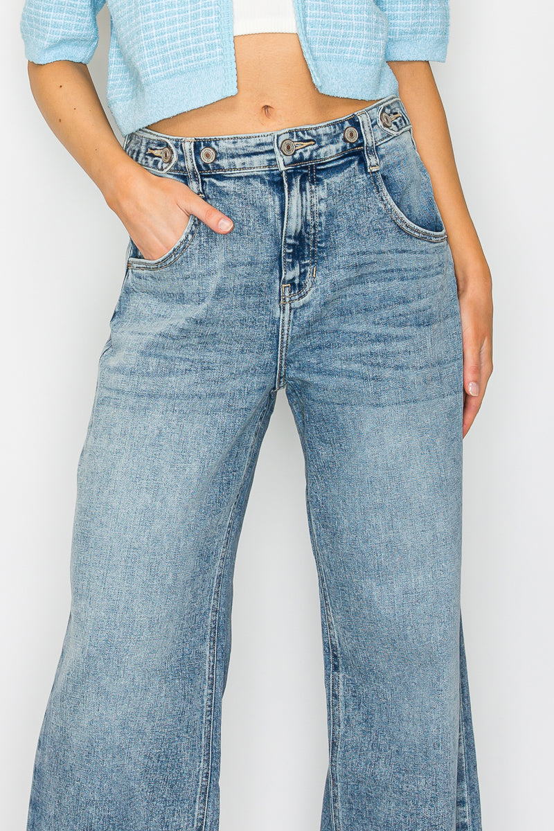 Adjustable Waistband High Rise Baggy Wide Jeans