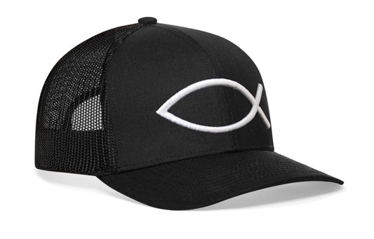 Jesus Fish Trucker Hat | Black bold ichthys Snapback