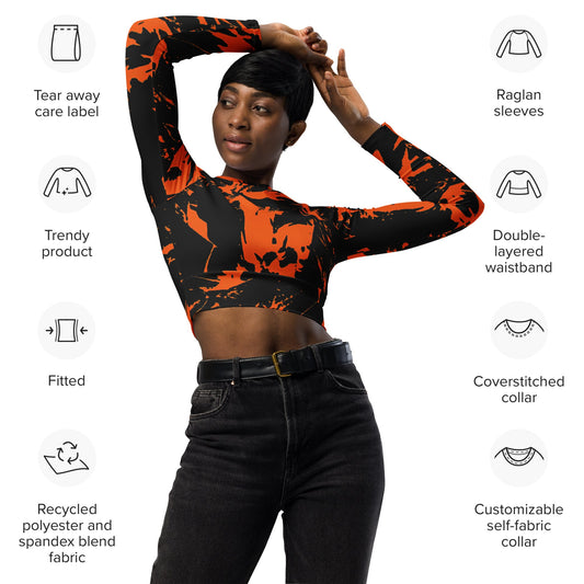 Black and Orange Spooky Paint Splatter Graffiti Long-Sleeve Fitted Crop Top