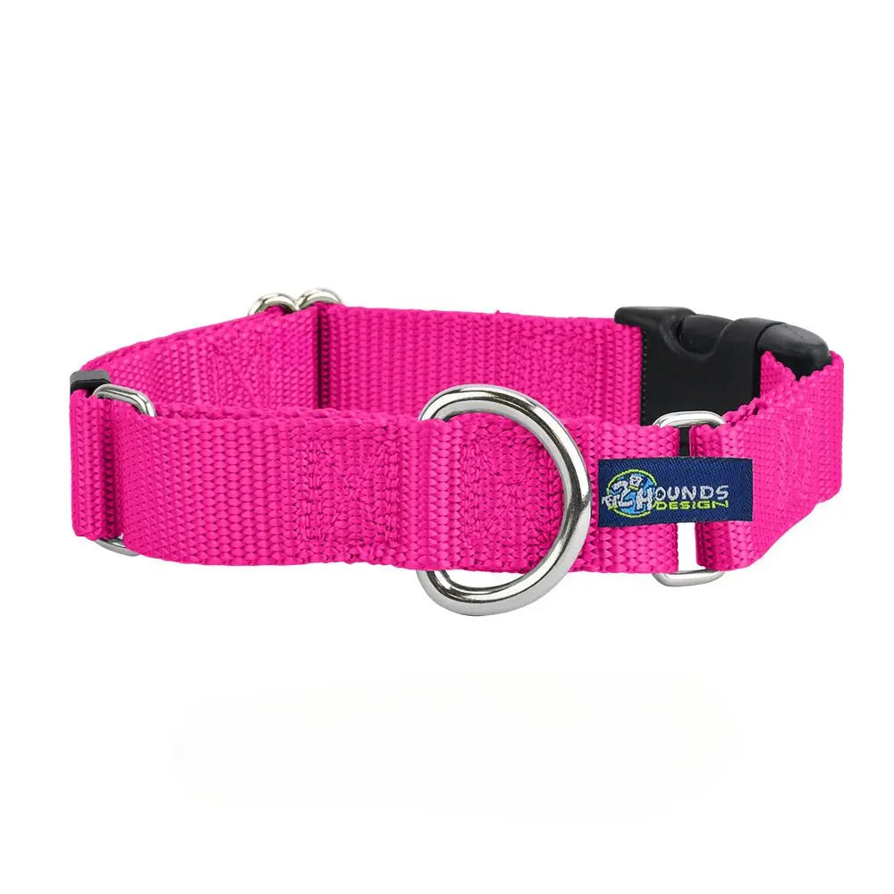5/8″ and 1″ Hot Pink Nylon Buckle Martingale Dog Collar 2 Hounds Design
