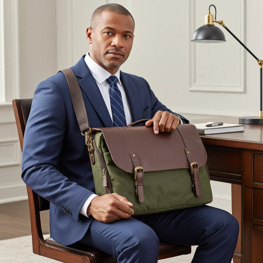 Maxwell Leather & Waxed Canvas Briefcase – Premium Laptop Bag & Canvas Briefcase