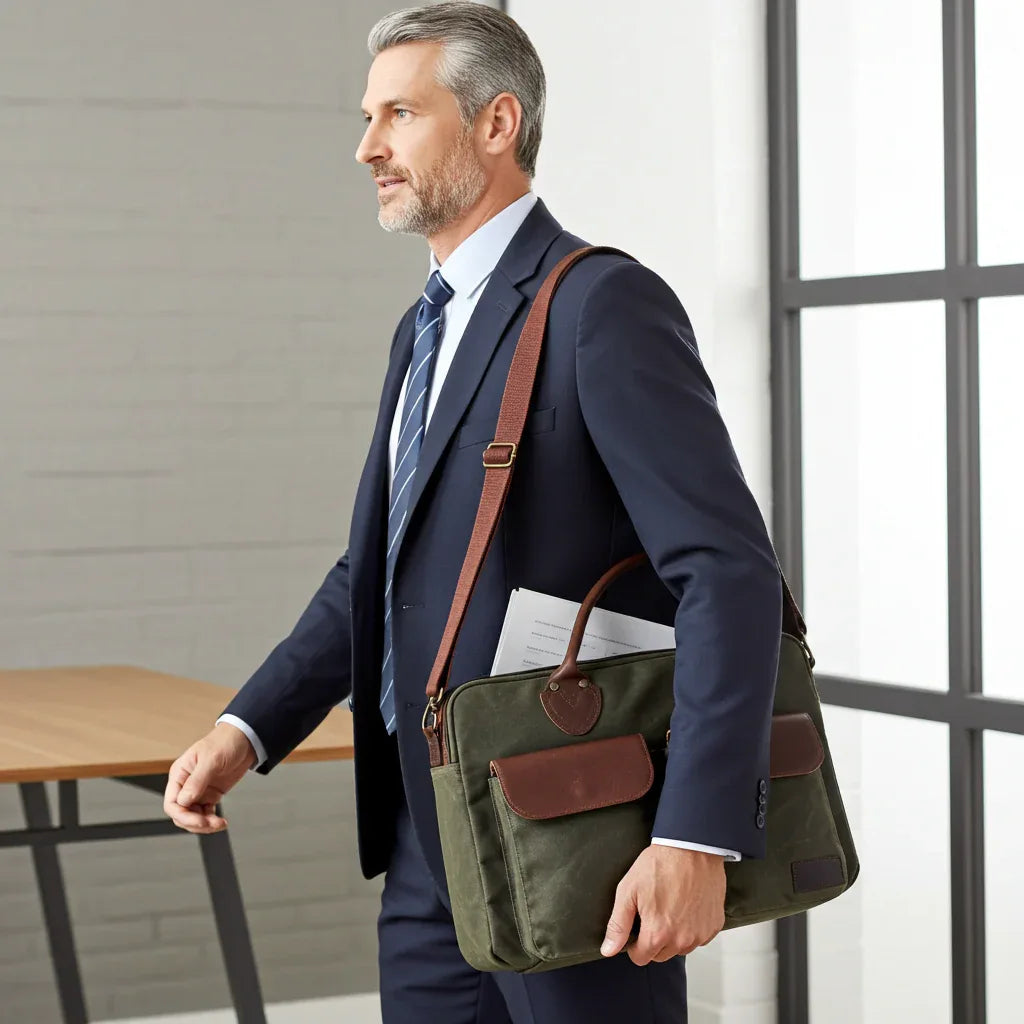 Laptop Bag, Maxwell Waxed Canvas Briefcase with Top Zipper