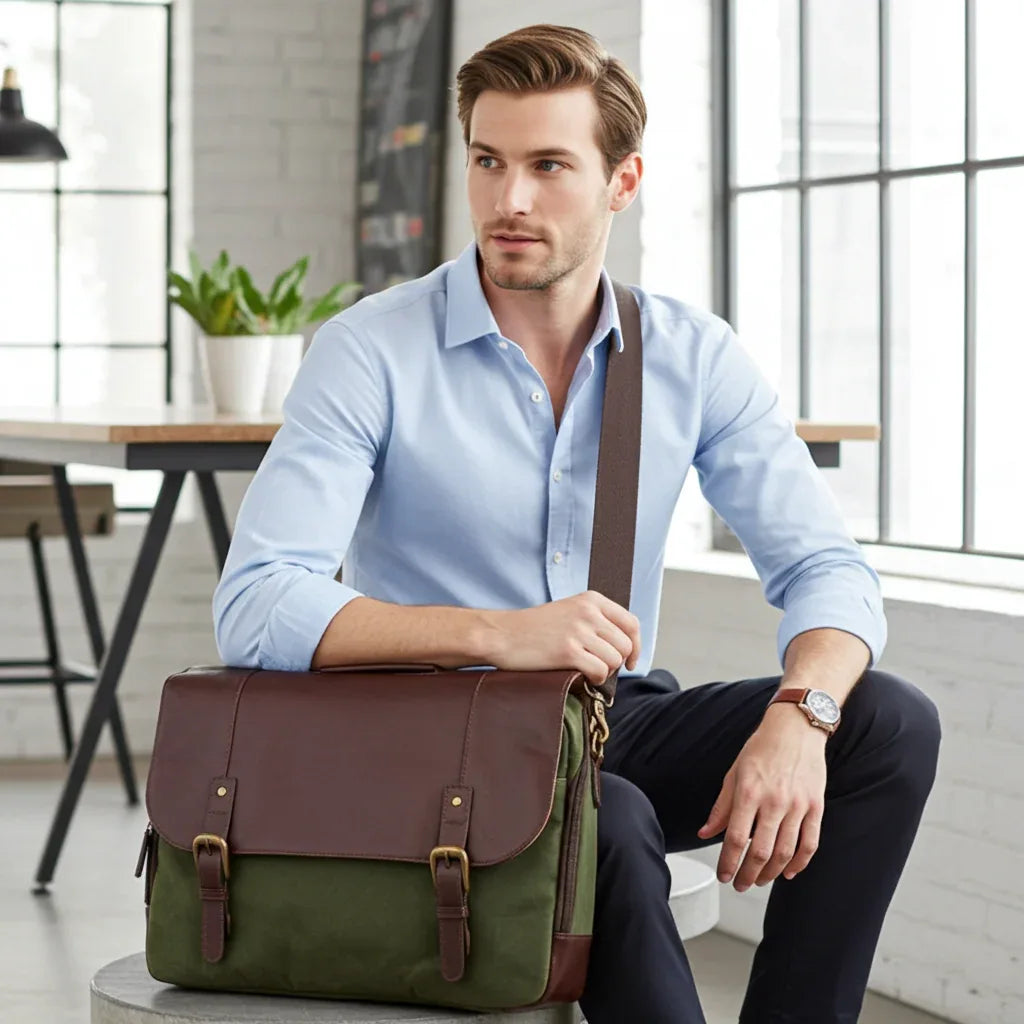 Maxwell Leather & Waxed Canvas Briefcase – Premium Laptop Bag & Canvas Briefcase