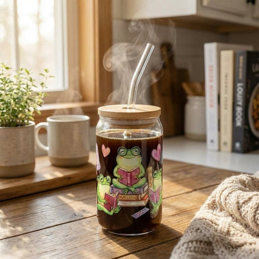 Watercolor Frogs Reading Sipper Glass