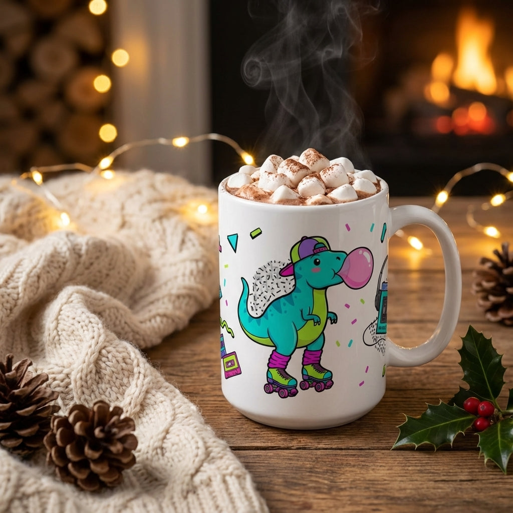 Retro Roller Dinos - T-Rex Bubblegum Pop - 15oz Mug
