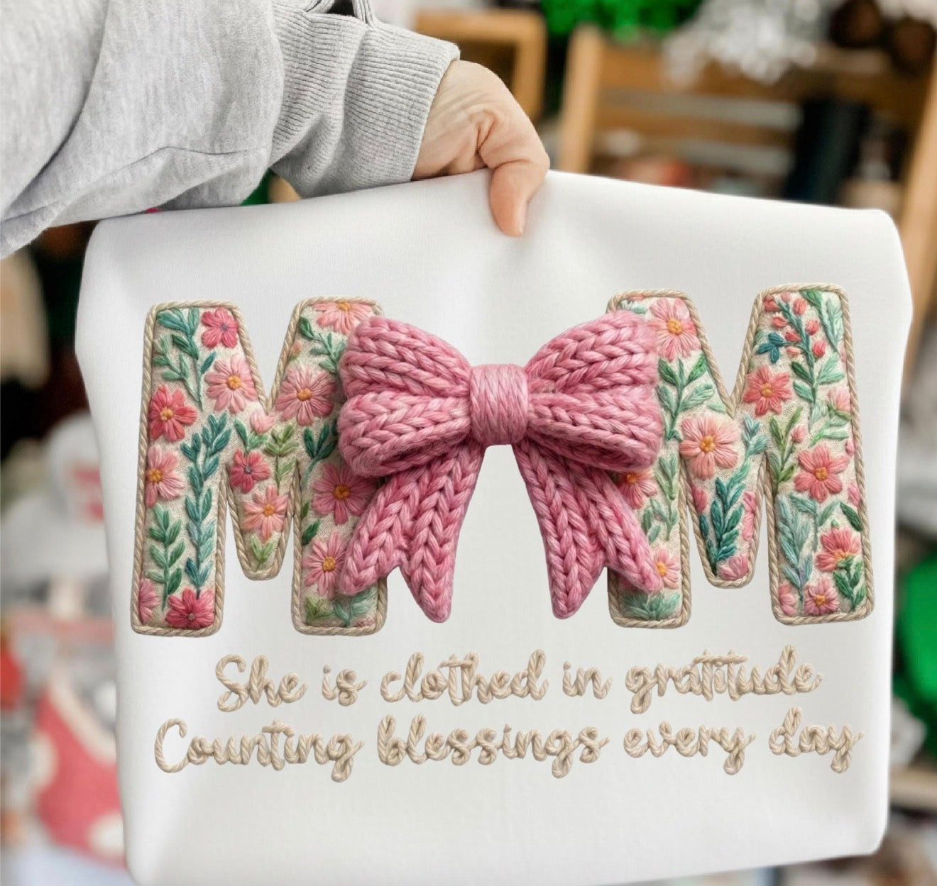 Faux Embroidered Mama Floral Bow Shirt – Graphic Tee, Long Sleeve & Crewneck