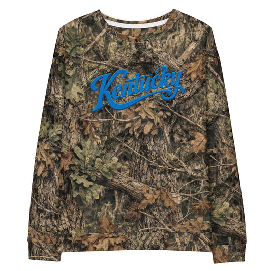 Kentucky Camo Sweatshirt | Mossy Oak All-Over Print with Blue Script | Unisex Cotton