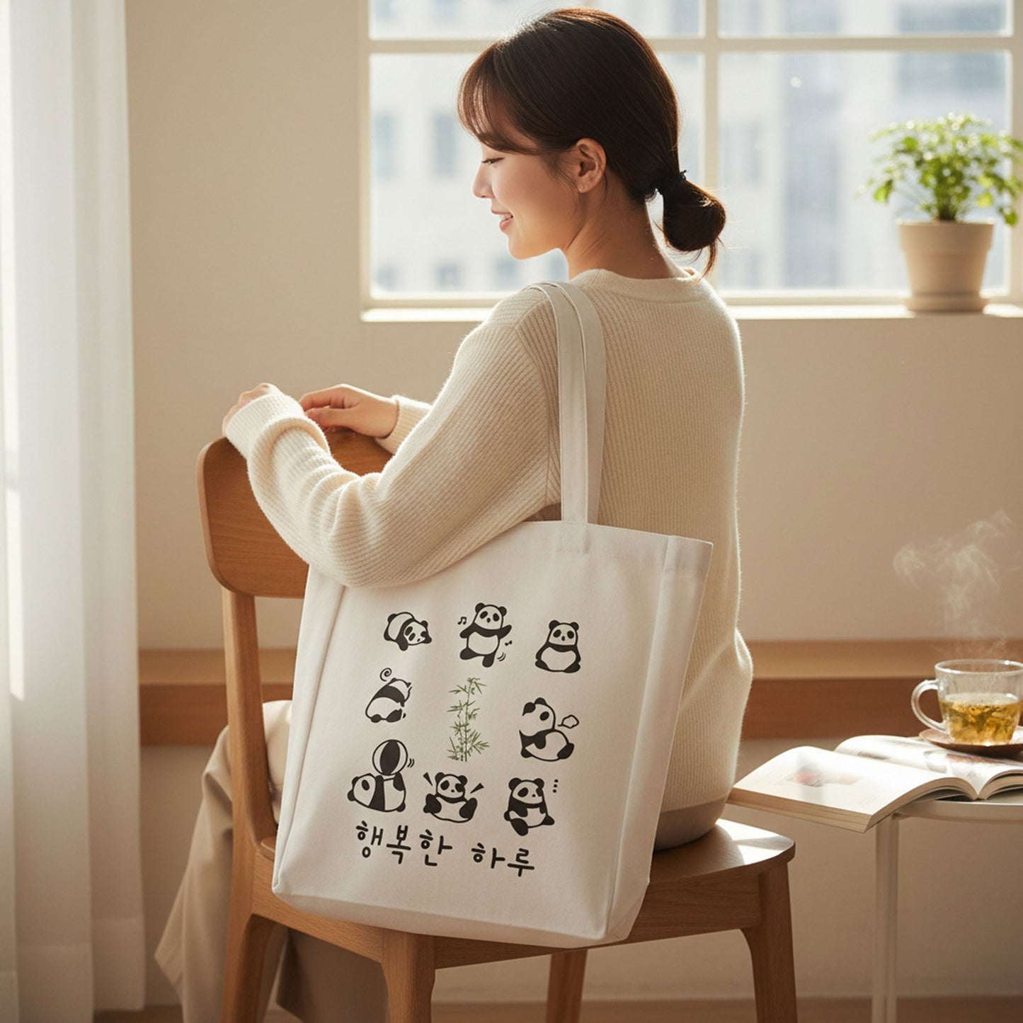 Panda Tote Bag Reusable Eco Flannel Shopping Bag with Zipper Closure