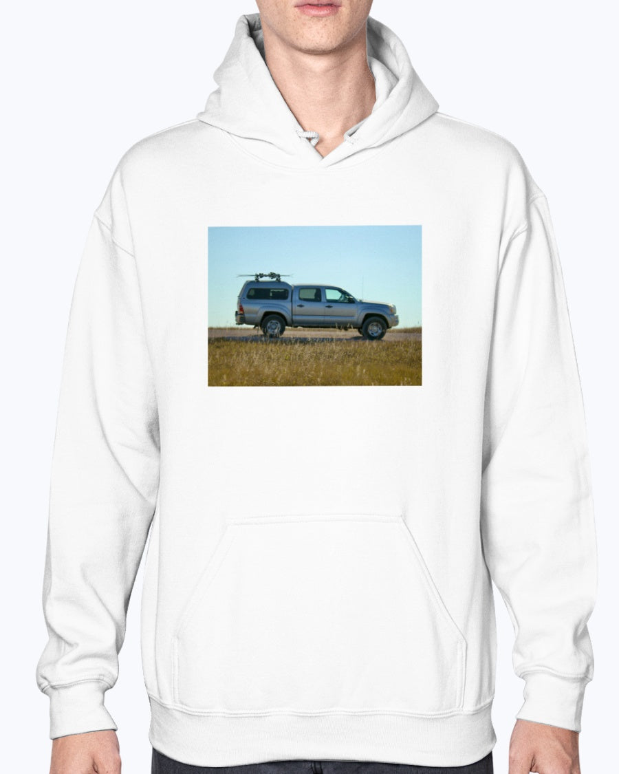 Lost Skier in a Tacoma, Bad Lands South Dakota, Moss Apparel, Unisex Hoodie